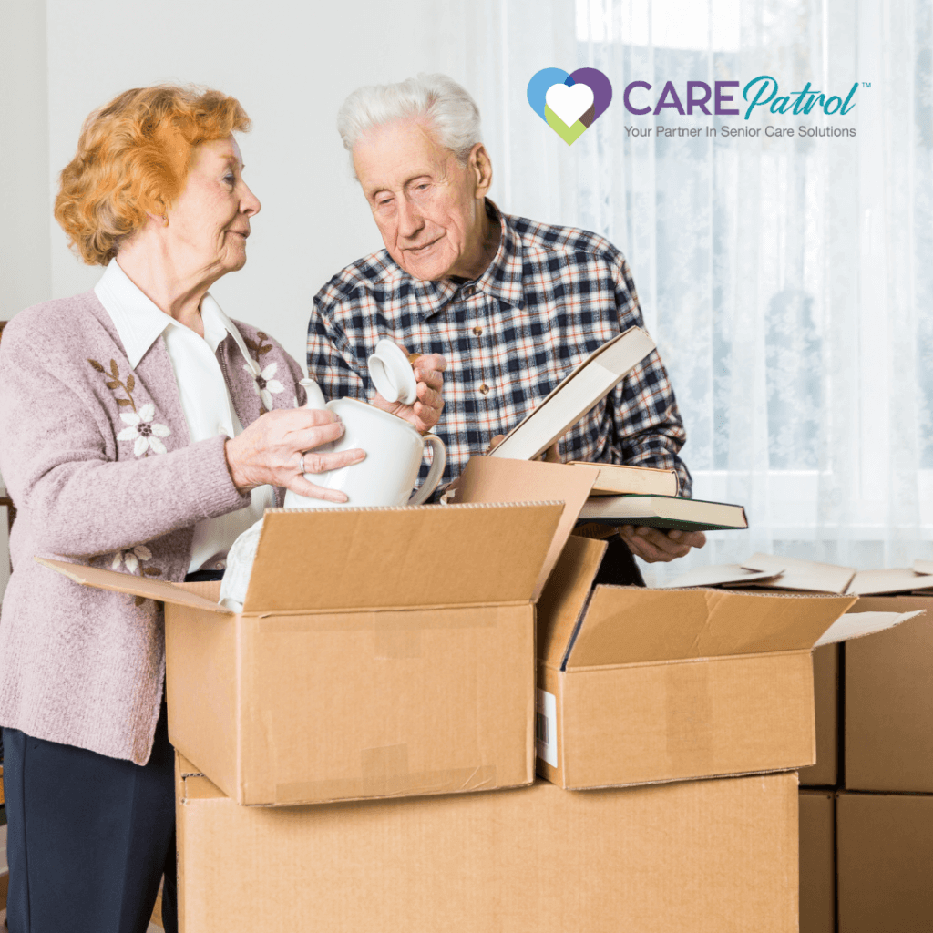 Older adults and family packing boxes while preparing for a senior living move in Calgary